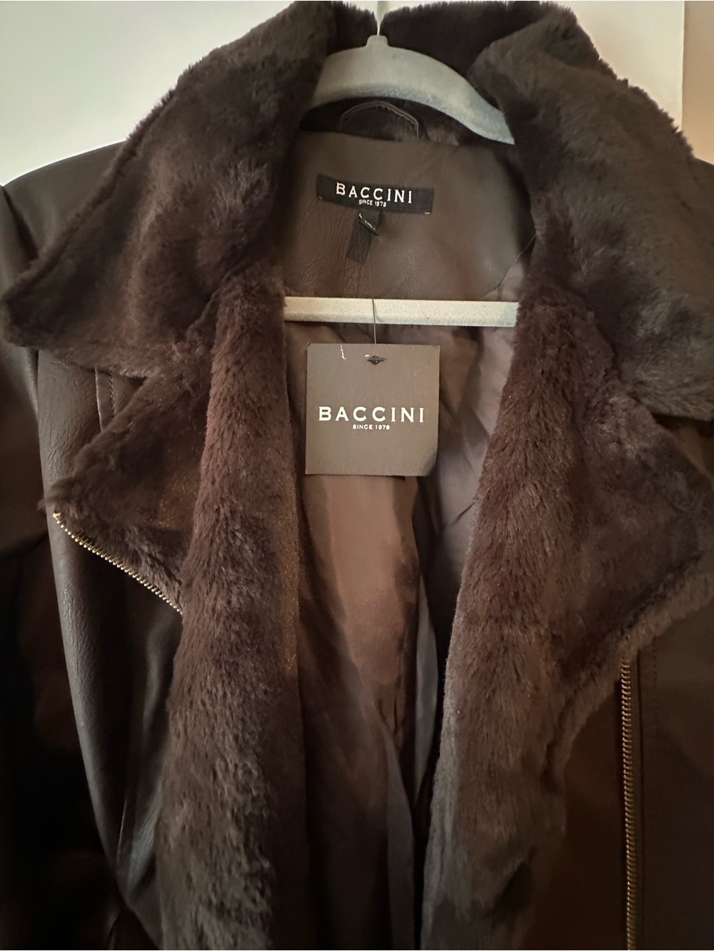 Baccini Dark Brown Faux-Fur Trim Leather Jacket